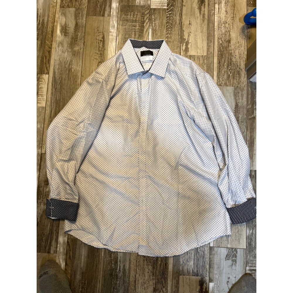 Calabrum London XL Mens Button-Up Shirt W Patterned Cuffs & Collar - White/Black